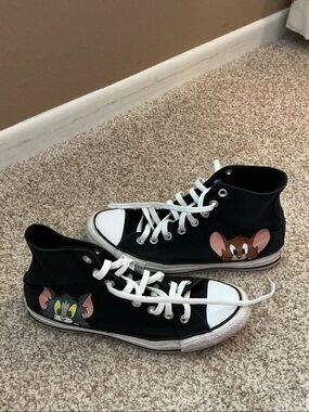 Converse Black and White High-Top Sneakers with Tom & Jerry Graphics